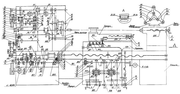 Кінематична схема верстата 16К40, 16К40П Схема кінематична токарно-гвинторізного верстата 16К40, 16К40П